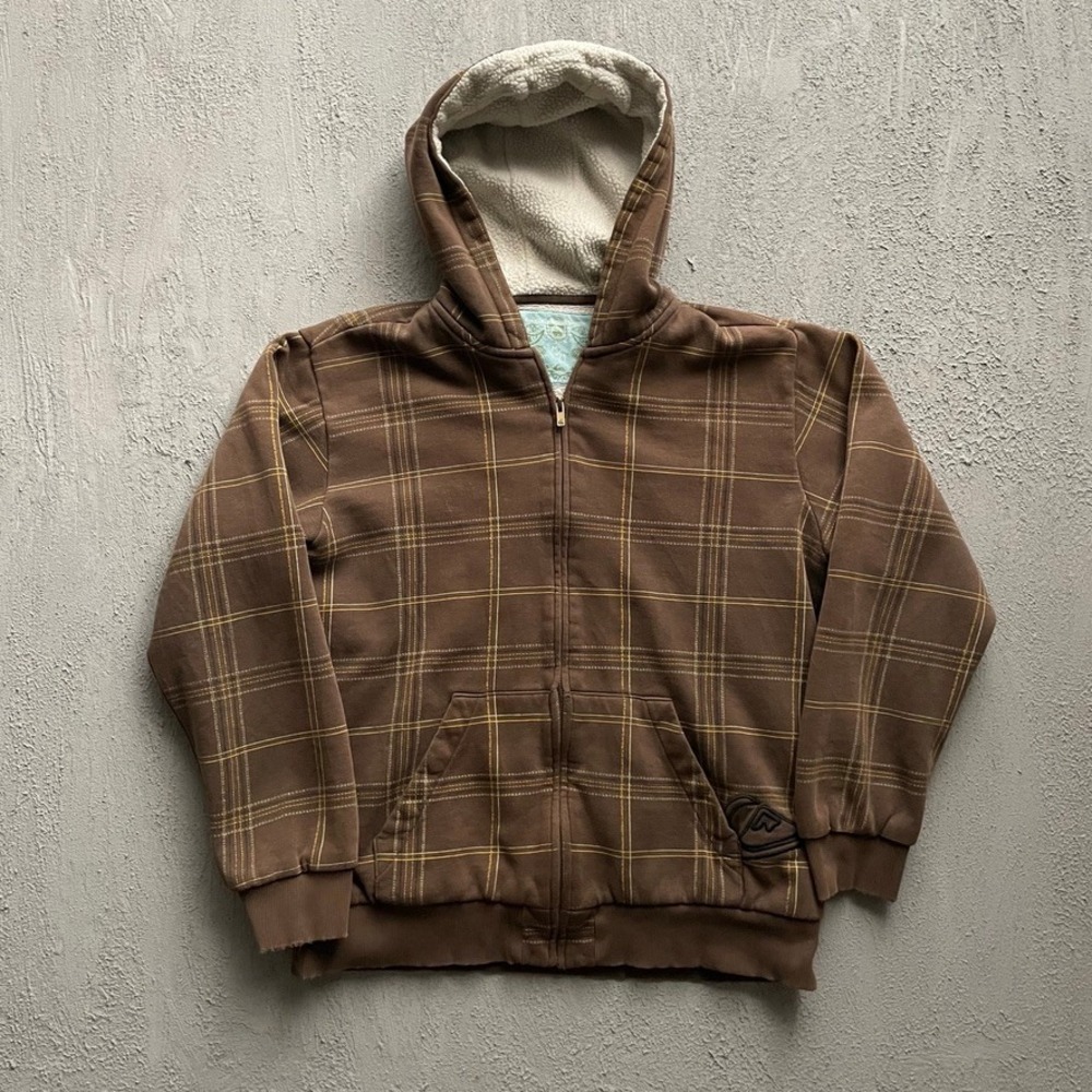 Vintage Plaid Sherpa Lined Zip Hoodie Mens Medium Brown 2000s Quiksilver